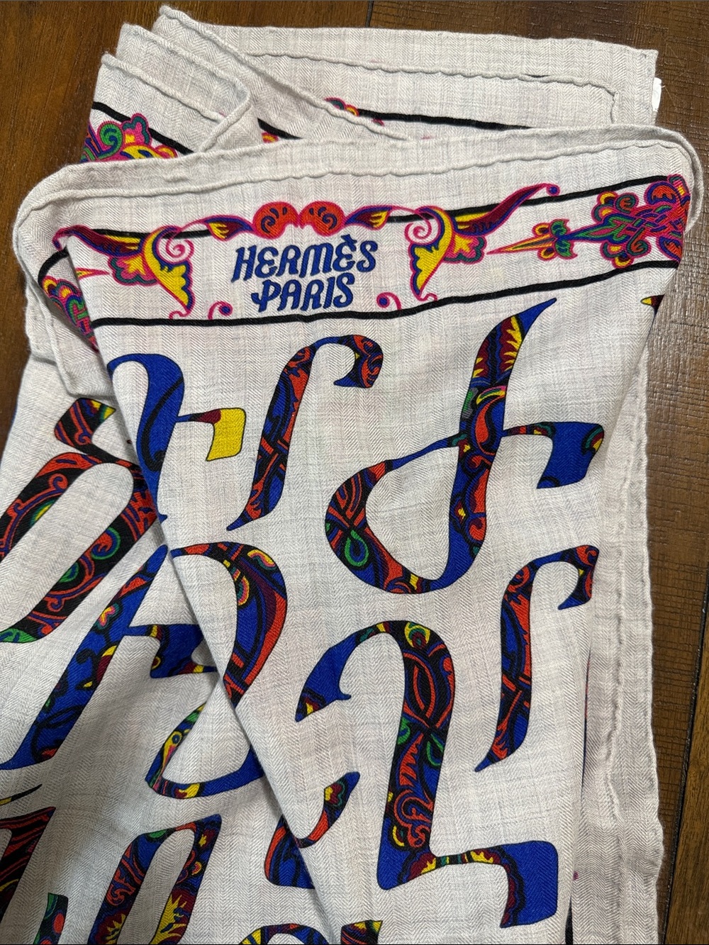 Hermes White Scarf with Multicolor Script Motif - Picture 2 of 3